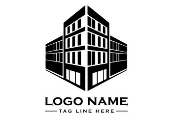 Black and white logo design featuring a modern building with placeholder text on a clean white background. © Lucaa