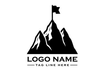 A black graphic illustration of a mountain range with a flag on top and placeholder text for a logo name and tagline on a white background.