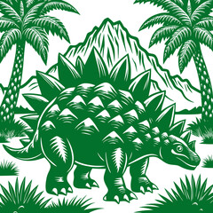 Stegosaurus dinosaur in a prehistoric landscape with palm trees and mountains, in a woodcut style illustration. © davis