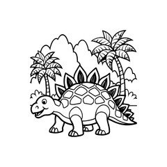 Cute cartoon stegosaurus dinosaur with palm trees, black and white outline for coloring book. © davis