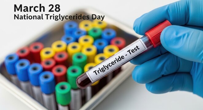 Hand in blue gloves holding blood sample for triglyceride test