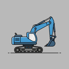 Blue excavator machine on tracks, construction equipment, industrial vehicle, side view