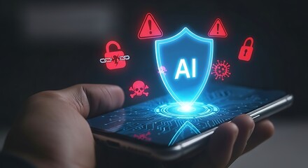 Hand holding smartphone with AI security hologram.