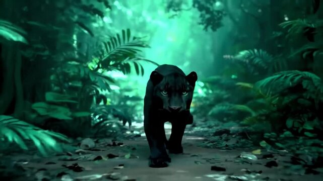 Panther Walking Through Lush Jungle with Ethereal Green Light