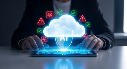 AI Cloud Security Concept with Digital Protection Interface on Tablet Device