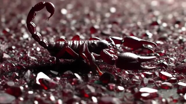 Scorpion Crawls Over Shimmering Red Crystals in Macro Shot