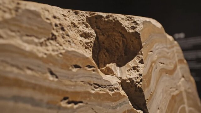 Close-up of a sandstone rock formation with a hole in it against a dark background with warm earthy