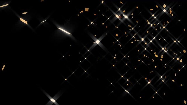 Premium gold confetti cannon explosion isolated on transparent black screen background, shimmering metallic paper flakes in smooth, slow motion for New Year countdown and wedding reception videos