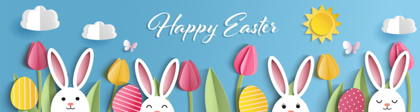 Happy Easter banner template with bunny, eggs, flowers, green grass  and blue sky in  paper cut style. Vector illustration