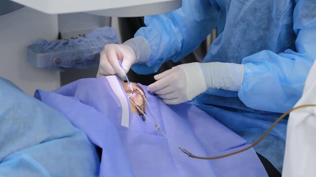 Surgeon performing laser vision correction on patient's eye for improved vision and ophthalmology examination
