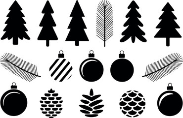 Naklejka premium Christmas Tree and Holiday Decoration Silhouette Vector Set Pine, Cones, and Ornaments