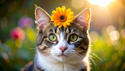 花を頭に付けてる猫