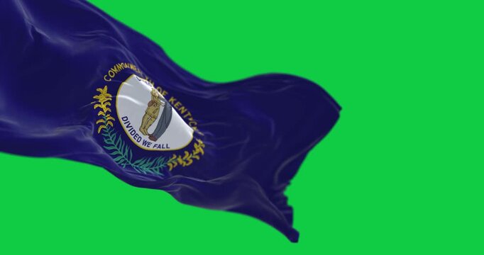 The US state flag of Kentucky waving isolated on green background. Seamless 3D render animation. Chroma key. Slow motion loop. Green screen. 4K. Selective focus