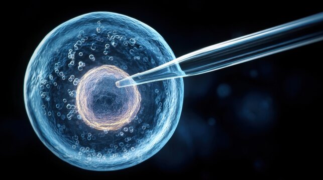 Microscopic view of an egg cell being fertilized with a pipette in a laboratory, scientific illustration