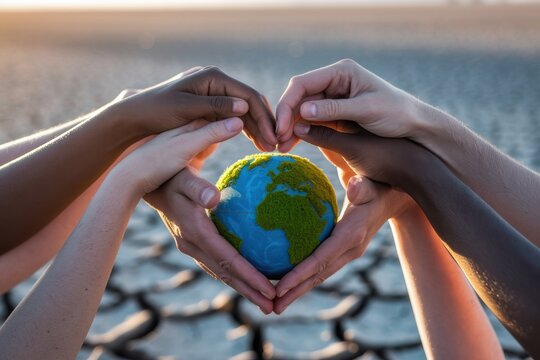 Diverse hands forming heart shape around globe symbolizing unity and environmental care on cracked earth