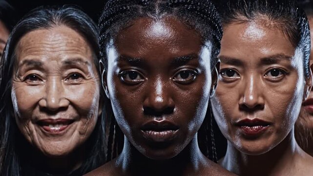 Diverse women with natural skin close up on dark background