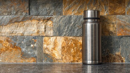 A stainless steel water bottle sits on a dark counter against a textured stone wall