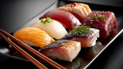 Close-up of a variety of sushi on a black rectangular plate with chopsticks