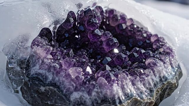Environmental Transformation A geode partially encased in ice, with water droplets slowly forming and dripping, symbolizing natural cycles and change.