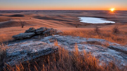 Expansive sunset view over prairie with a lake and rocky foreground, warm light