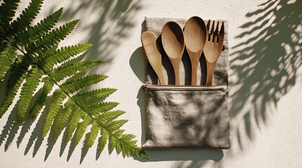 Eco-friendly wooden cutlery set in a pouch with fern and shadows on a white surface