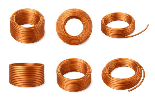 Shiny bare copper wire coils and spools arranged in multiple rolled shapes on a transparent background