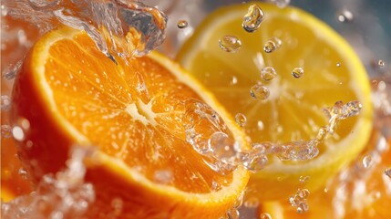 Close up citrus slices splashing