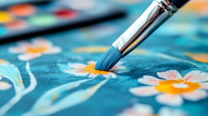 Obraz premium A person is using a blue paintbrush to create a yellow flower on a blue background. The brush is being used to carefully paint the flower, adding detail and color to the scene