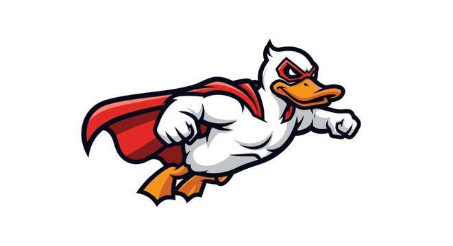 Cartoon Duck Superhero Flying with Cape.