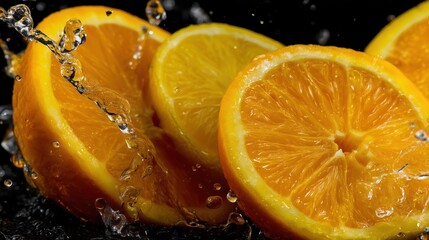 Citrus slices water splash on black