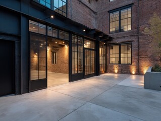 Fototapeta premium A brick building with a black door and a black window