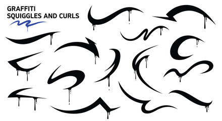Graffiti squiggles and curls collection with dripping paint strokes, abstract urban street art elements isolated on white background