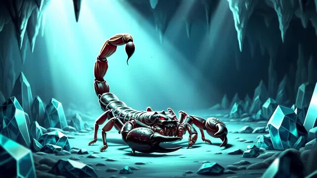 Scorpion Emerging in Luminous Caves Surrounded by Glimmering Crystals