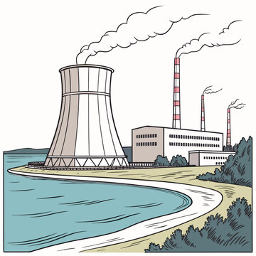 A nuclear power plant with a cooling tower and smokestacks