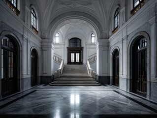 Obraz premium A large, empty room with a staircase leading up to the second floor