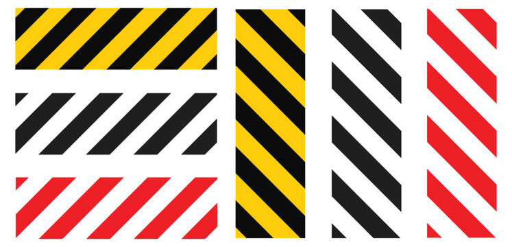 Road warning tape in yellow, black , red diagonal stripes line . Caution tape border , warn stop seamless line and stretched caution line .