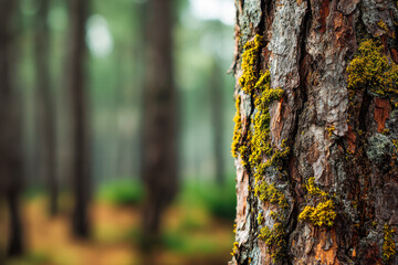 Obraz premium Detailed view of moss-covered bark on a tree trunk in a dense forest with blurred background of tall trees and soft natural light filtering through leaves