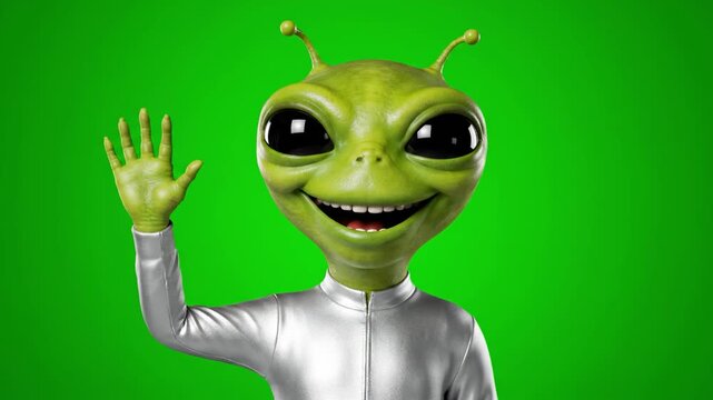A cheerful green alien waving and smiling, evoking curiosity and wonder, perfect for playful or sci-fi themes.