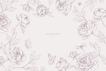 Naklejka premium Peonies blooming. Spring background with flowers and brunch. Detailed botanic floral collection for Valentines day invitation, wallpaper art or save the date card