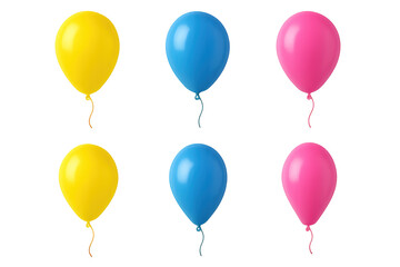 Obraz premium Six glossy yellow, blue and pink helium balloons arranged in two rows against a transparent background, each with a curled string for party decoration