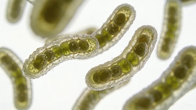 Microscopic view of cyanobacteria cells under different magnifications