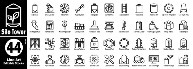 Silo tower line art icon set. Line art editable stocks of agricultural storage vector illustration. © Hafiz