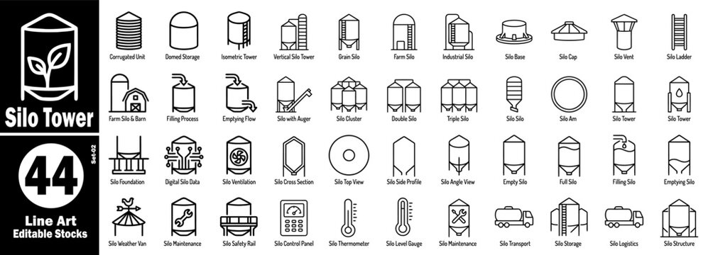 Silo tower line art icon set. Editable stocks of agricultural storage facility vector illustration.