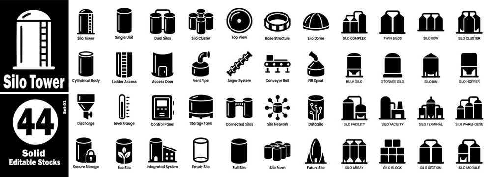 Silo tower solid icon set. Editable stocks of agricultural storage and facilities vector illustration.