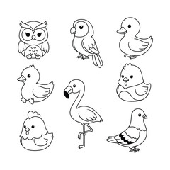 Fototapeta premium Cute Cartoon Bird Line Art Collection: Owl, Parrot, Duckling, Flamingo, Pigeon - Black & White Vector Illustrations for Coloring Pages & Graphic Design