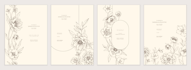Naklejka na ściany i meble Set of card with Hellebore flowers and leaves. Detailed hand drawn ink template layout design, brochure or cover for Valentines day or wedding invitation