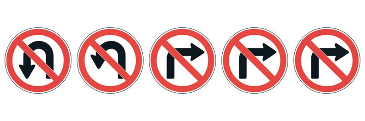 No Turn Traffic Road Sign Set, Red Circle Slash Warning Symbol Vector © Well Done