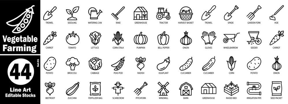Vegetable farming line art icons. Healthy produce and organic garden cultivation vector illustration.