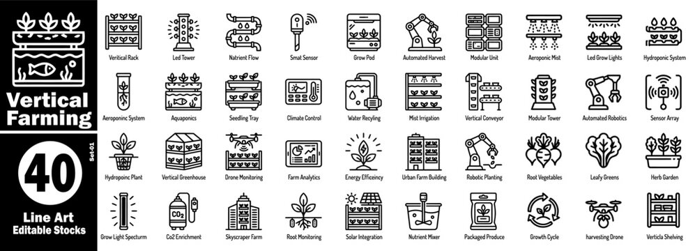 Vertical farming and hydroponic system line icons. Smart tech vector illustration.