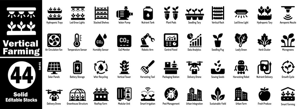 Modern vertical farming solid icon set, agriculture smart farming technology vector illustration.
